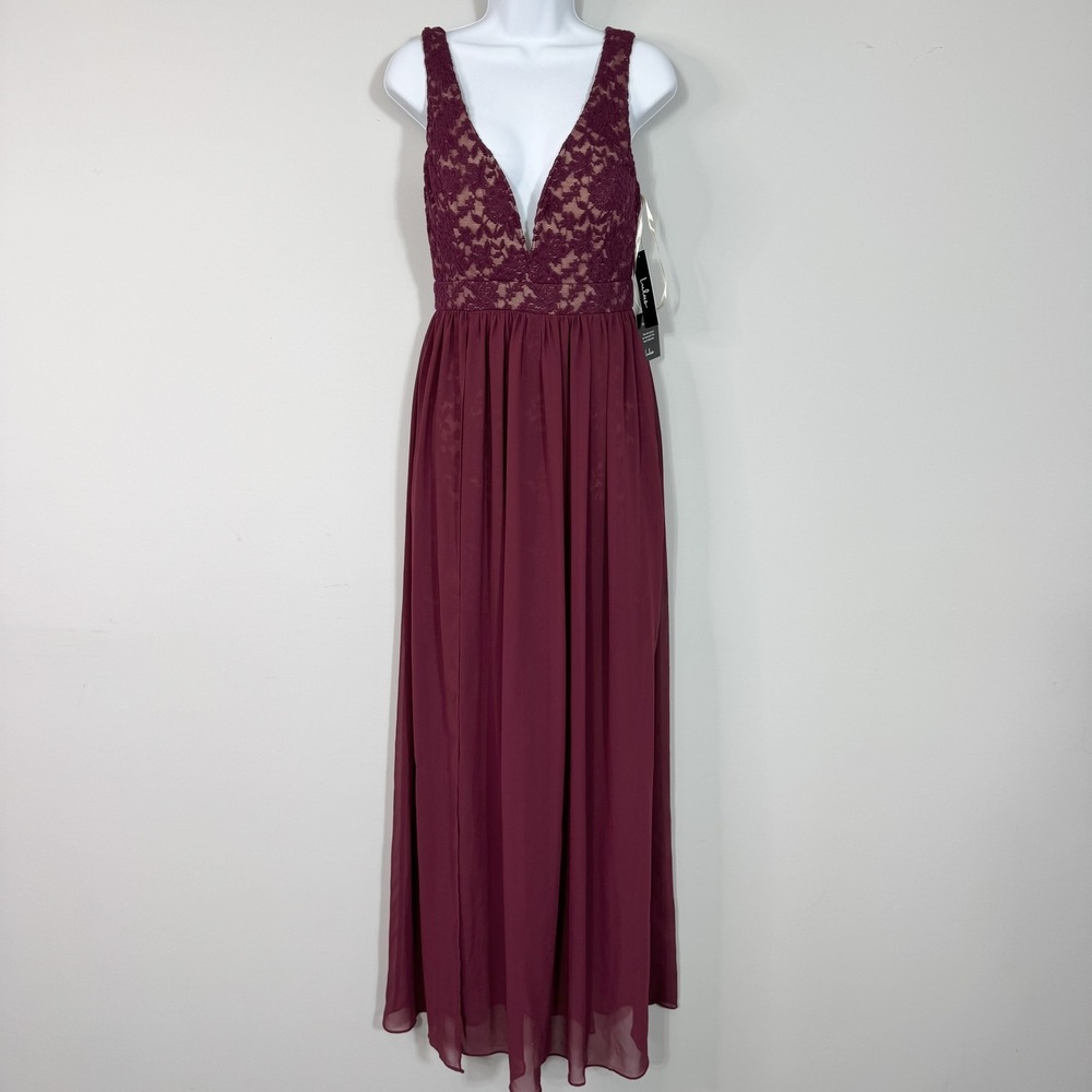 Lulus Maxi Dress Womens Large Burgundy Lace Bodice Plunge Sleeveless Formal Gown